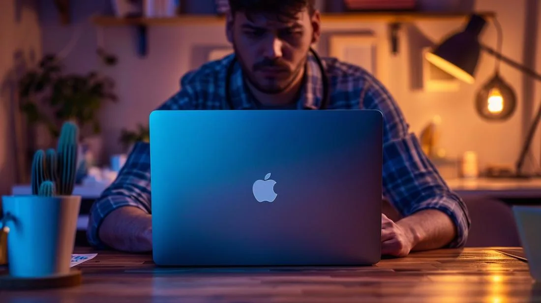 Usuário frustrado forçando desligamento de MacBook não responsivo em escritório moderno.