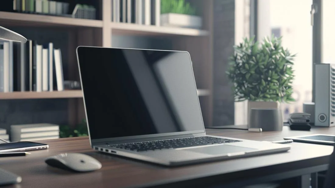 Fotografia hiper-realista de um MacBook Pro 2012 em um escritório moderno, con accessori tecnológicos.