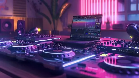 Fotografia hiper-realista de DJ misturando música con MacBook Pro 2023 num estúdio moderno.