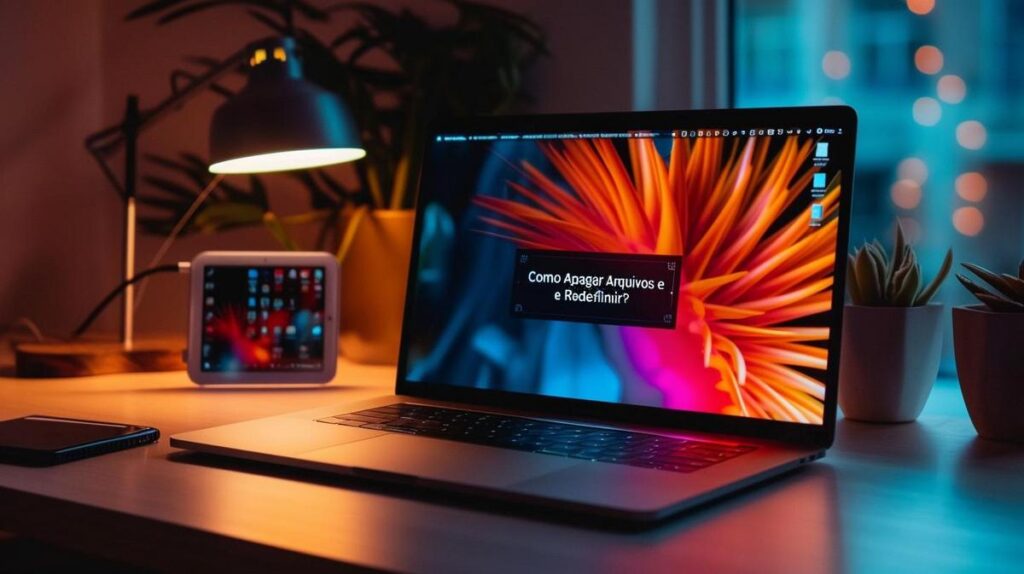 Delete MacBook: Como Apagar Arquivos e Redefinir? 2 Foto hiperalista de MacBook em um espaço de trabalho minimalista, sendo redefinido.