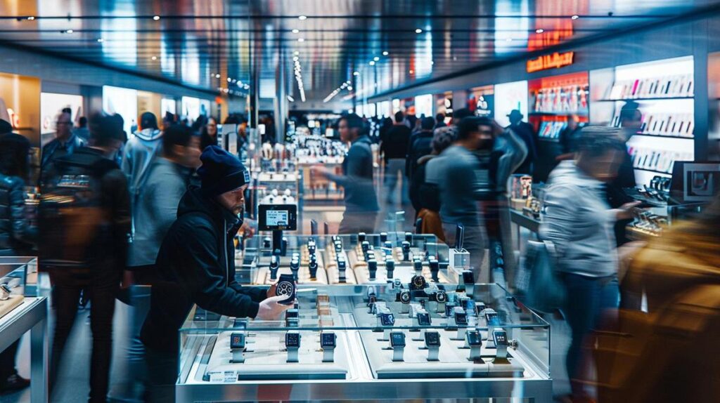 Descontos Apple Watch Black Friday: Onde Encontrar? 2 Fotografia hiper-realista capturando a empolgação de uma promoção de Black Friday focada em Apple Watches.