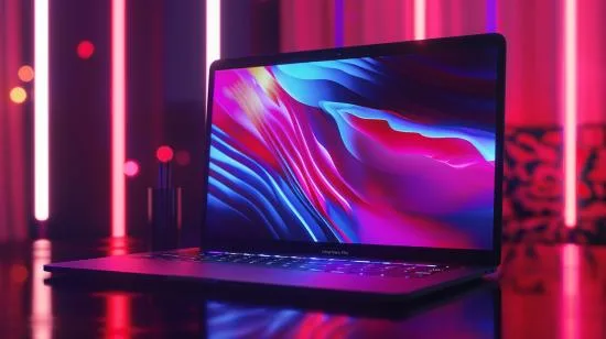 Fotografia ultra-realista de um MacBook Pro em mesa minimalista, iluminada por luzes disco vibrantes.