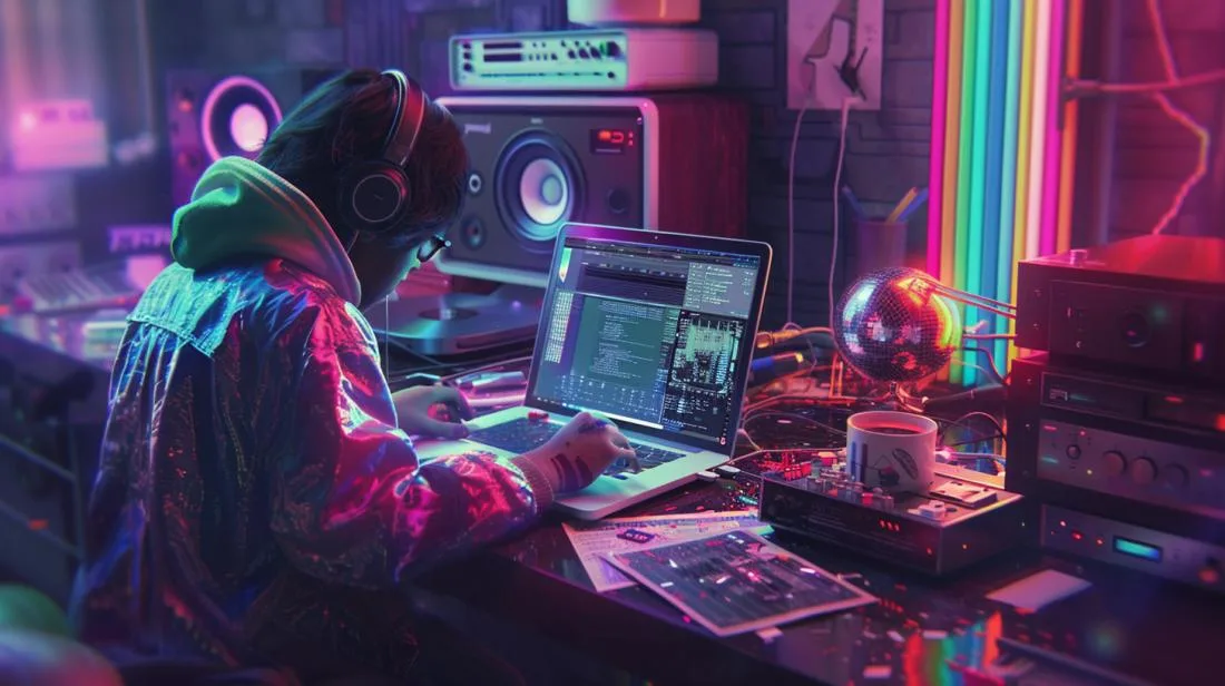Pessoa conserta MacBook Air em espaço temático disco con luzes neon e gadgets.