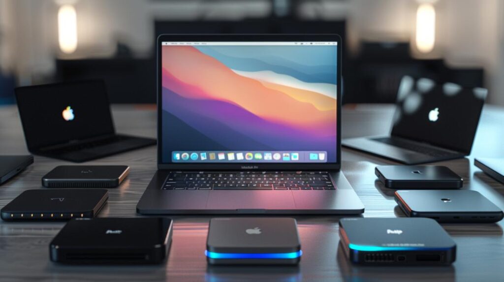Fotografia detalhada mostrando diversos discos rígidos externos ao redor de um MacBook moderno.