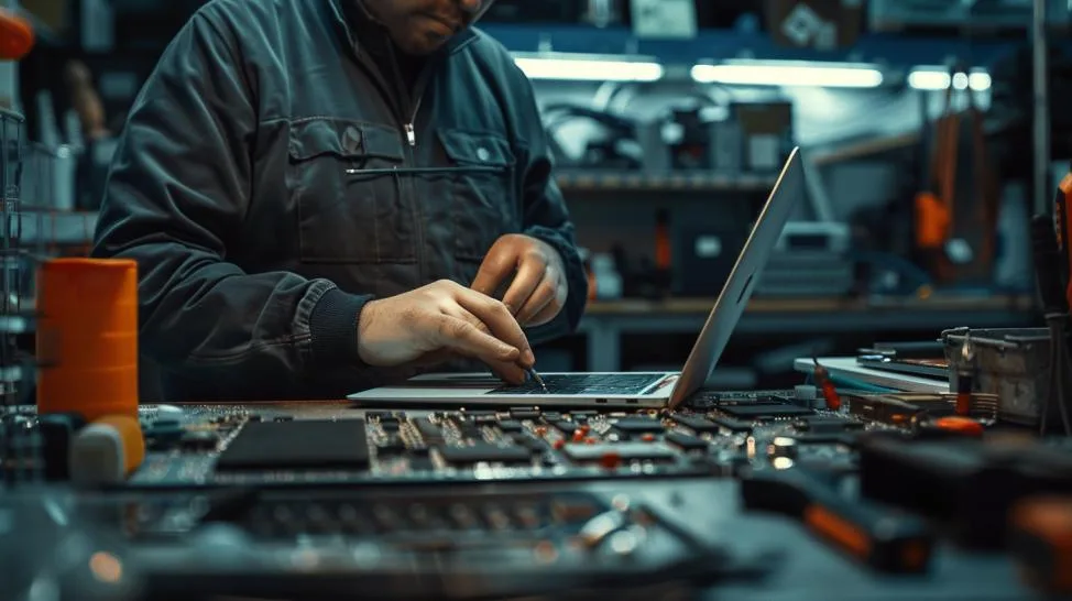 Técnico meticuloso repara dobradiça do MacBook Air em oficina de alta tecnologia, mani detalhadas em foco.