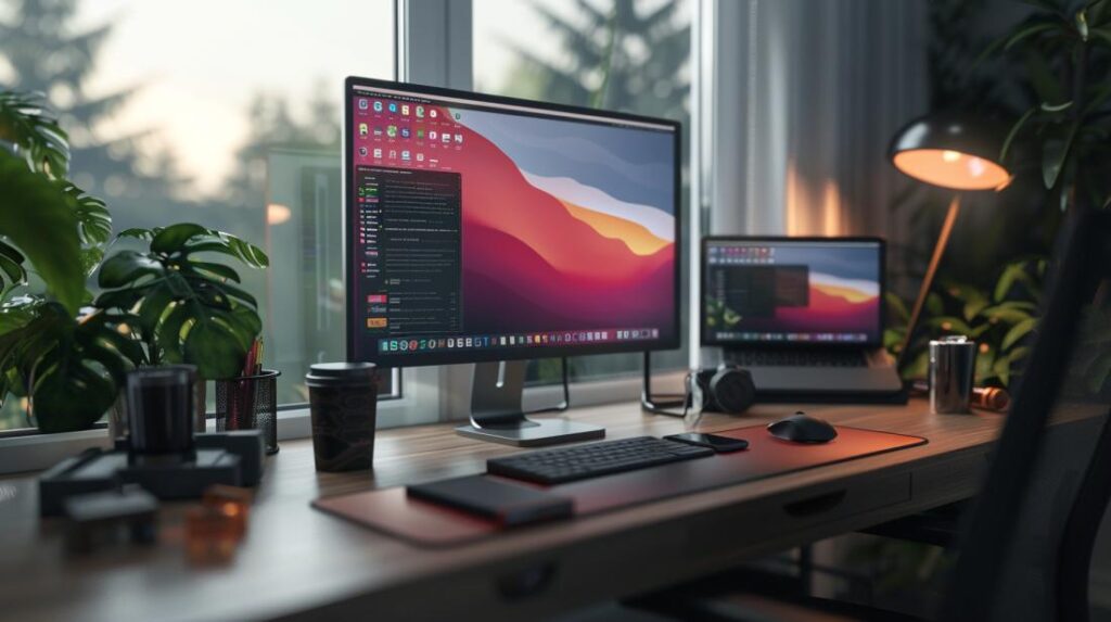 Dock MacBook: Qual é a melhor opção? 2 MacBook Pro docked in a sleek station in a bright, minimalist office with connected peripherals.