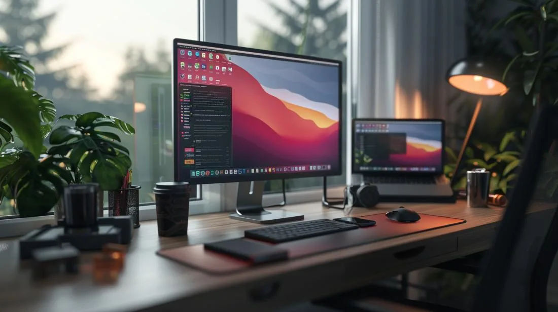 MacBook Pro docked in a sleek station in a bright, minimalist office with connected peripherals.