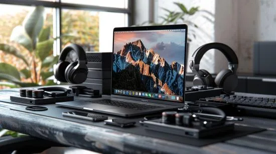 Foto hiper-realista de MacBook Pro em dock multifuncional em espaço de lavoro moderno.