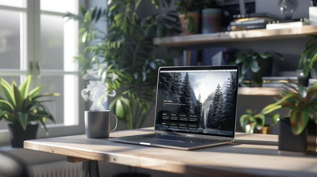 Foto realista de um escritório moderno con um MacBook Pro exibindo o Dropbox.