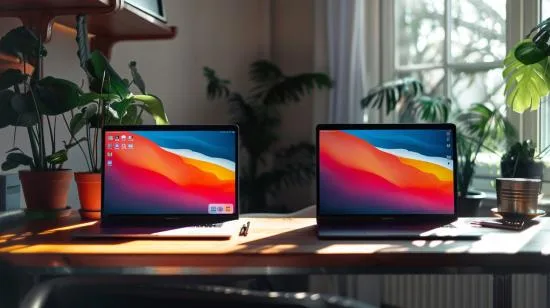 Fotografia hiper-realista de configurazione dual MacBook num ambiente de escritório minimalista e moderno.