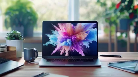 MacBook Pro con schermo exibindo linee tremulantes, pixels mortos e distorções de cores em escritório.