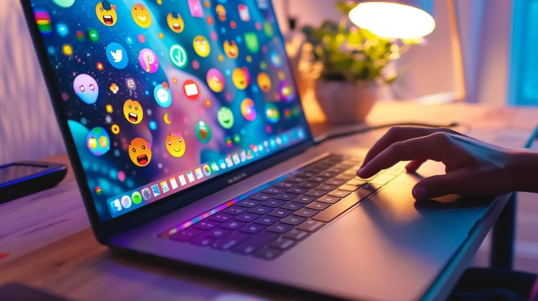 Fotografia hiper-realista de um MacBook com emojis coloridos, mãos sobre o teclado.