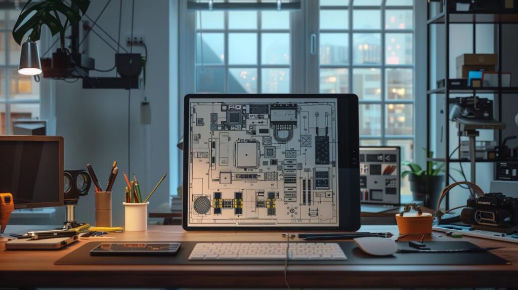 Esquema do iPad 4: Onde Encontrar e Baixar? 2 Imagem hiperralista de um esquema detalhado do iPad 4 em uma mesa moderna.