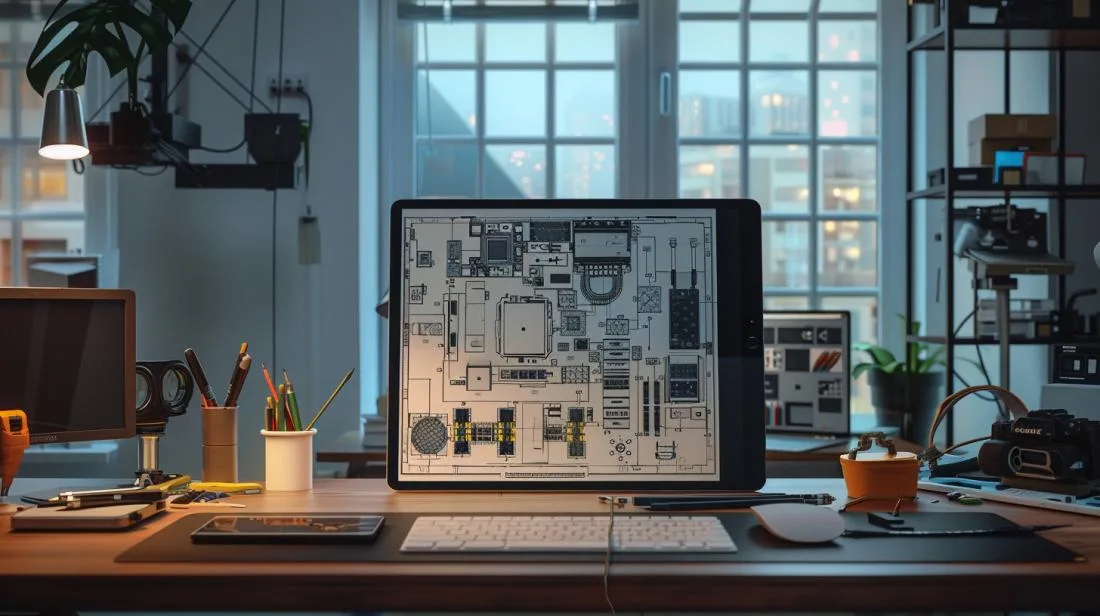 Imagem hiperralista de um esquema detalhado do iPad 4 em uma mesa moderna.