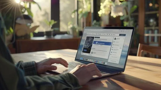 Fotografia hiper-realista de instalação do app Facebook no MacBook Pro 2021, em ambiente minimalista.