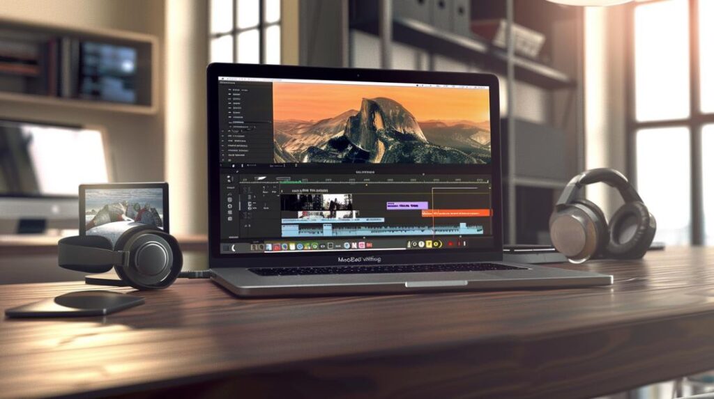 Final Cut Pro MacBook Air: Vale a pena para editar vídeos? 2 MacBook Air com Final Cut Pro em estúdio minimalista, luz natural destacando elegância e eficiência.