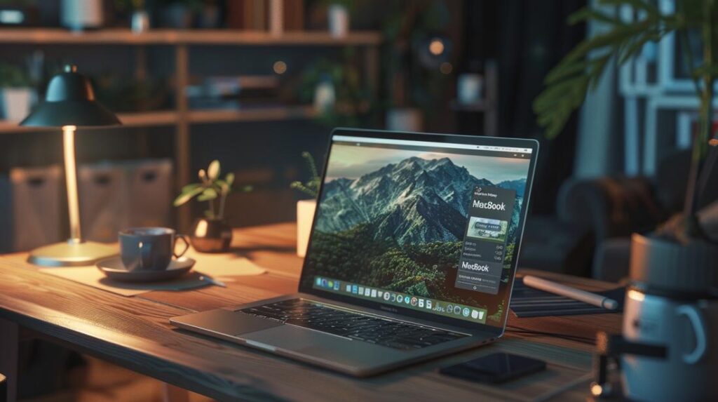 Foto hiper-realista de configuração do "Find My MacBook" em um escritório moderno e sofisticado.