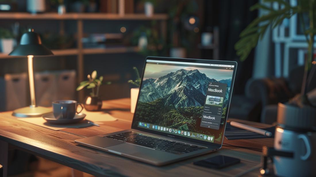 Foto hiper-realista de configuração do "Find My MacBook" em um escritório moderno e sofisticado.