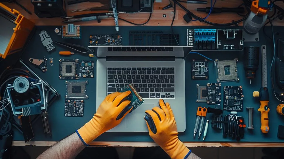 Técnico especializado substituindo a placa lógica de um MacBook Pro em bancada organizada.