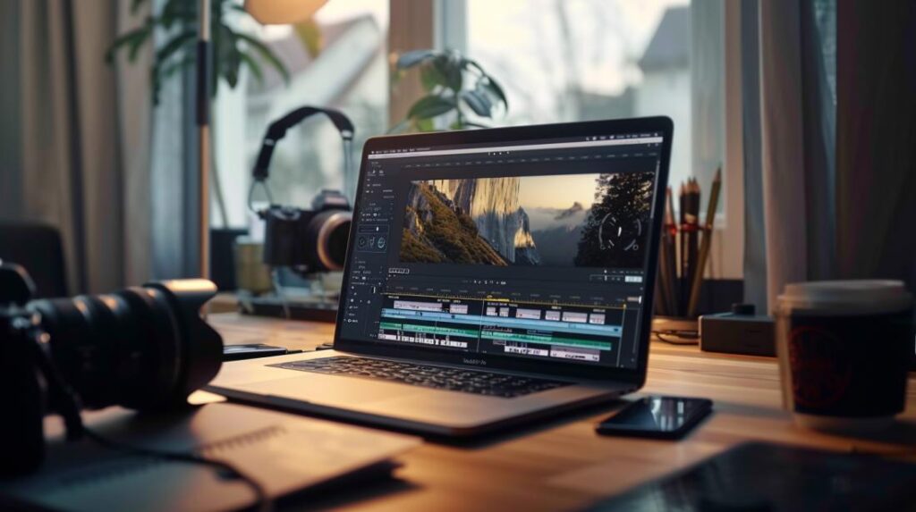 Free video editor MacBook: Qual escolher? 2 Fotografia hiper-realista de um MacBook Pro moderno em uma mesa minimalista em um escritório iluminado.