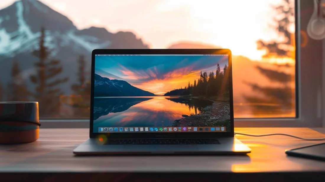 Foto hiper-realista de um MacBook elegante em mesa de madeira minimalista, exibindo papel de parede deslumbrante.
