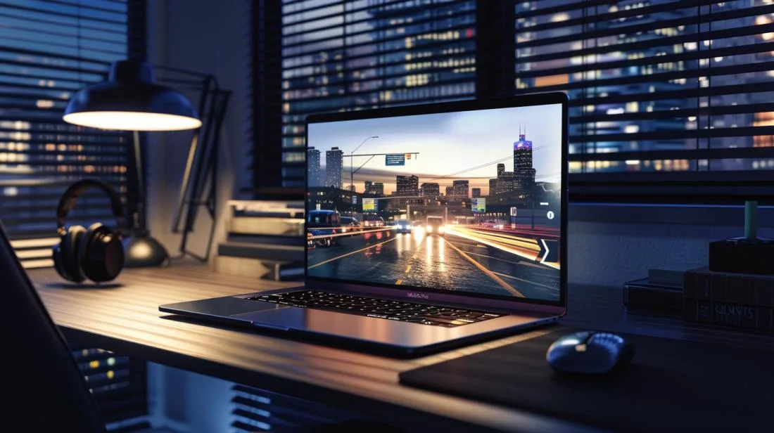 Fotografia hiper-realista de um MacBook Pro jogando GTA 5 em um espaço de trabalho moderno.