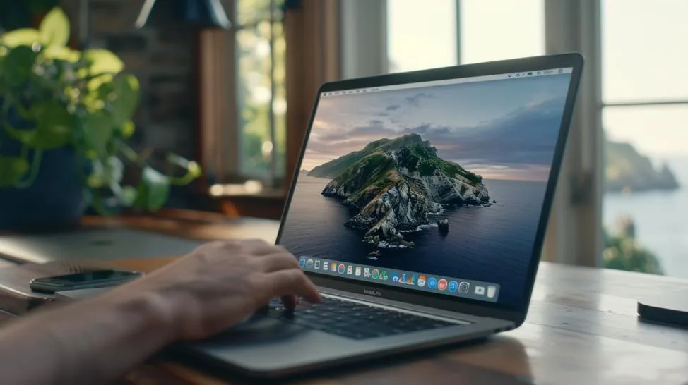 Fotografia hiper-realista de mani usando gestos no trackpad do MacBook Pro em mesa minimalista.