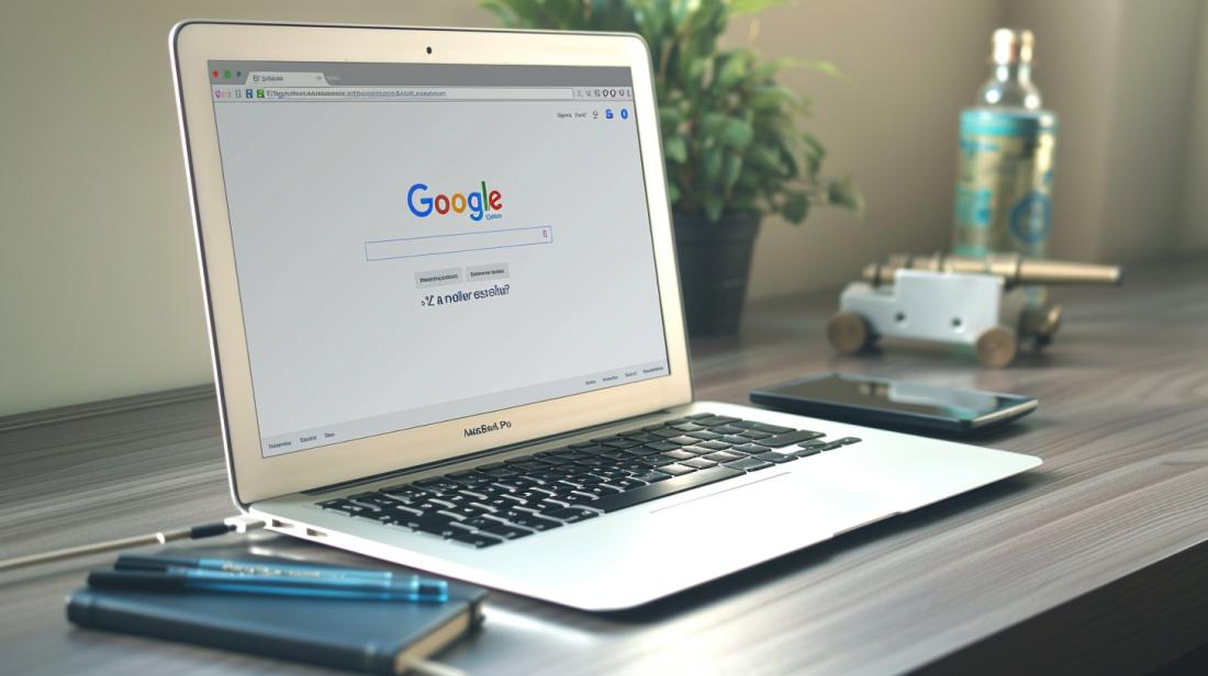 Fotografia hiper-realista de um MacBook Pro moderno em um espaço de trabalho minimalista.