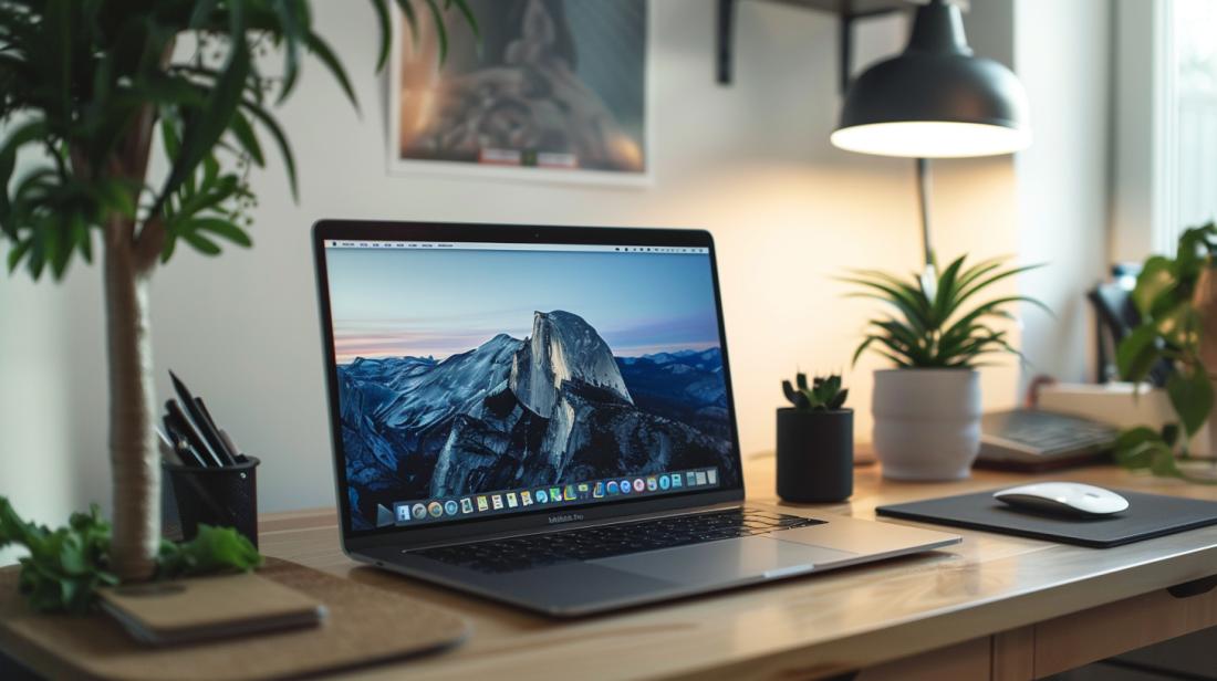 Fotografia realista mostrando tutorial de gravação de tela em MacBook Pro em mesa minimalista.