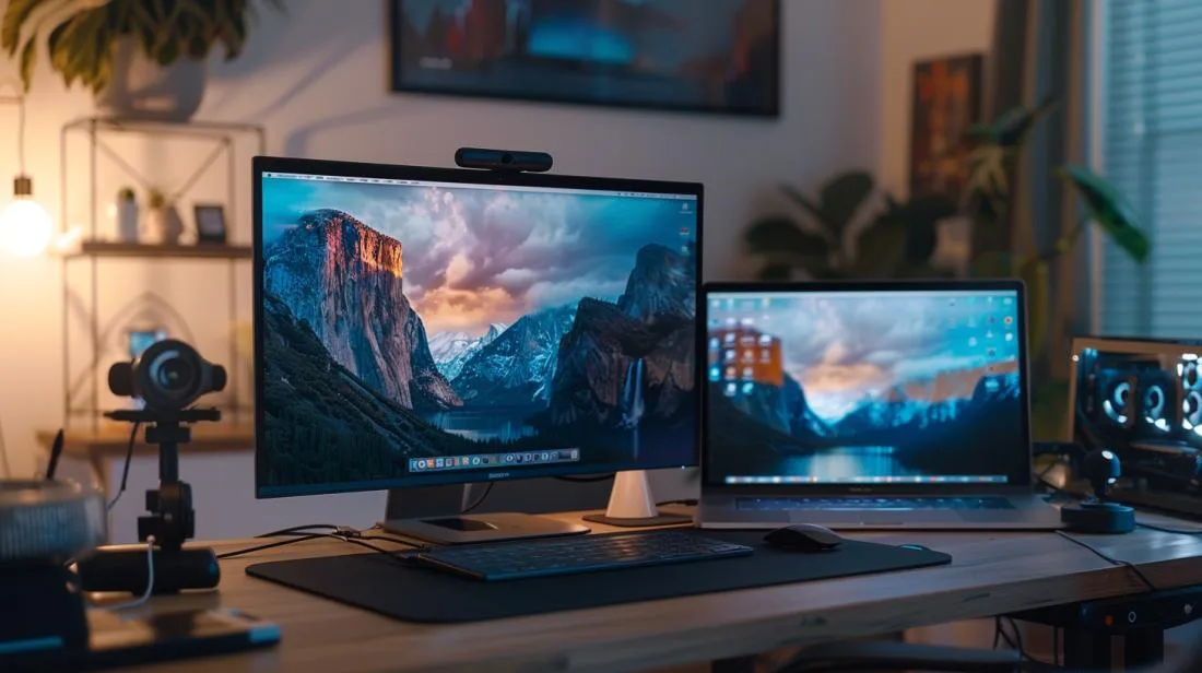 Fotografia hiper-realista de uma configuração moderna de MacBook Pro com conexões HDMI e DisplayPort.