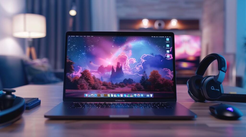 Jogos para MacBook: Quais São as Melhores Opções? 2 Fotografia hiperrealista de MacBook com jogo popular em exibição, acessórios de jogo e decoração minimalista.