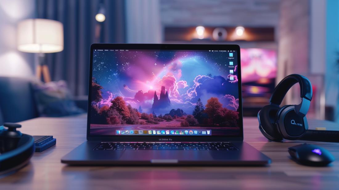 Fotografia hiperrealista de MacBook com jogo popular em exibição, acessórios de jogo e decoração minimalista.