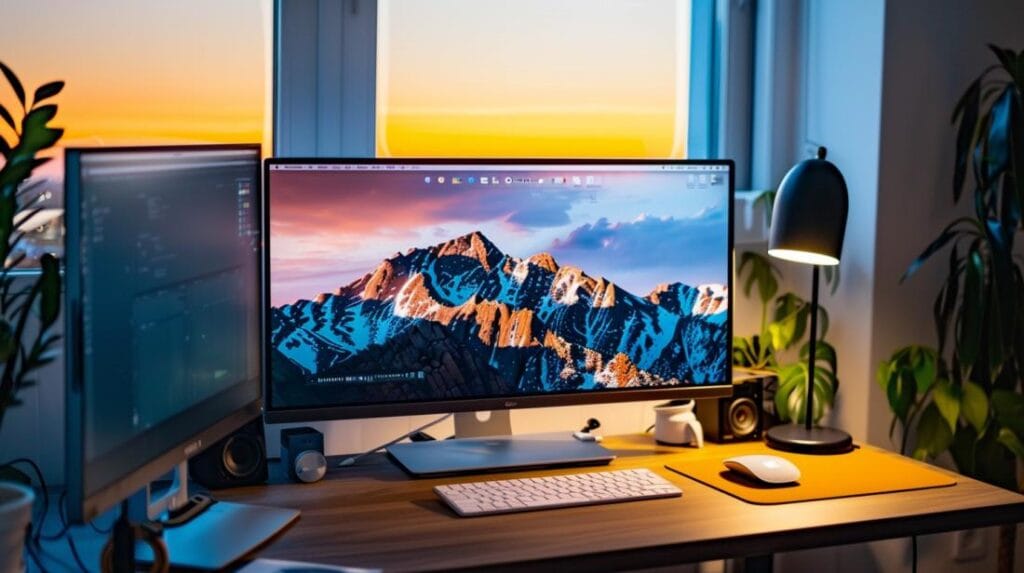 Fotografia hiper-realista de workspace moderno com MacBook Pro e dois monitores externos iluminados.