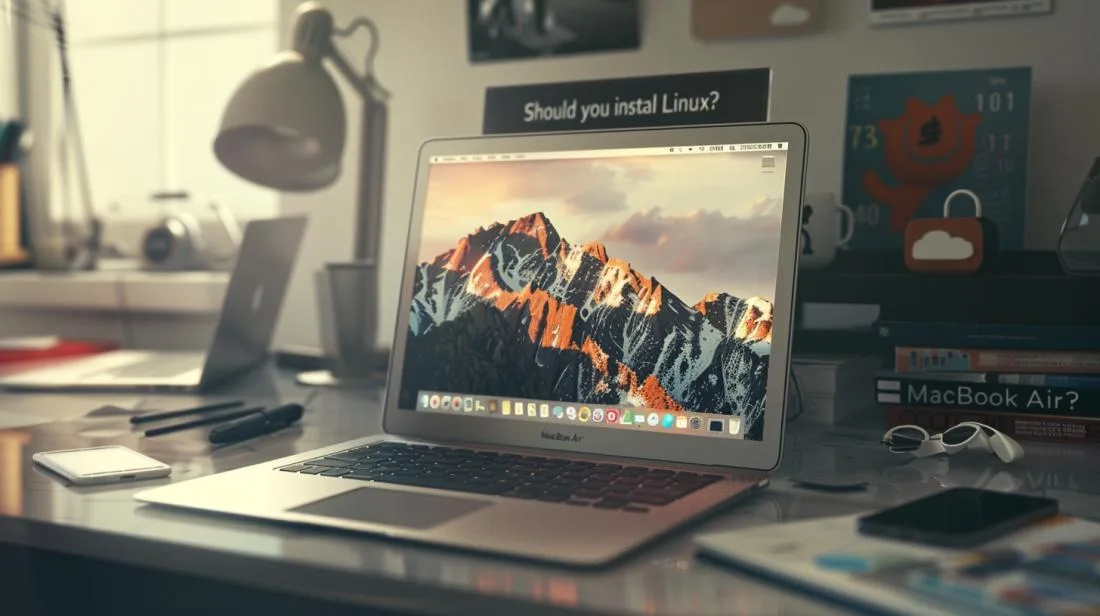 MacBook Air exibindo desktop Linux personalizado, cercado por manuais Linux, iPhone e AirPods.