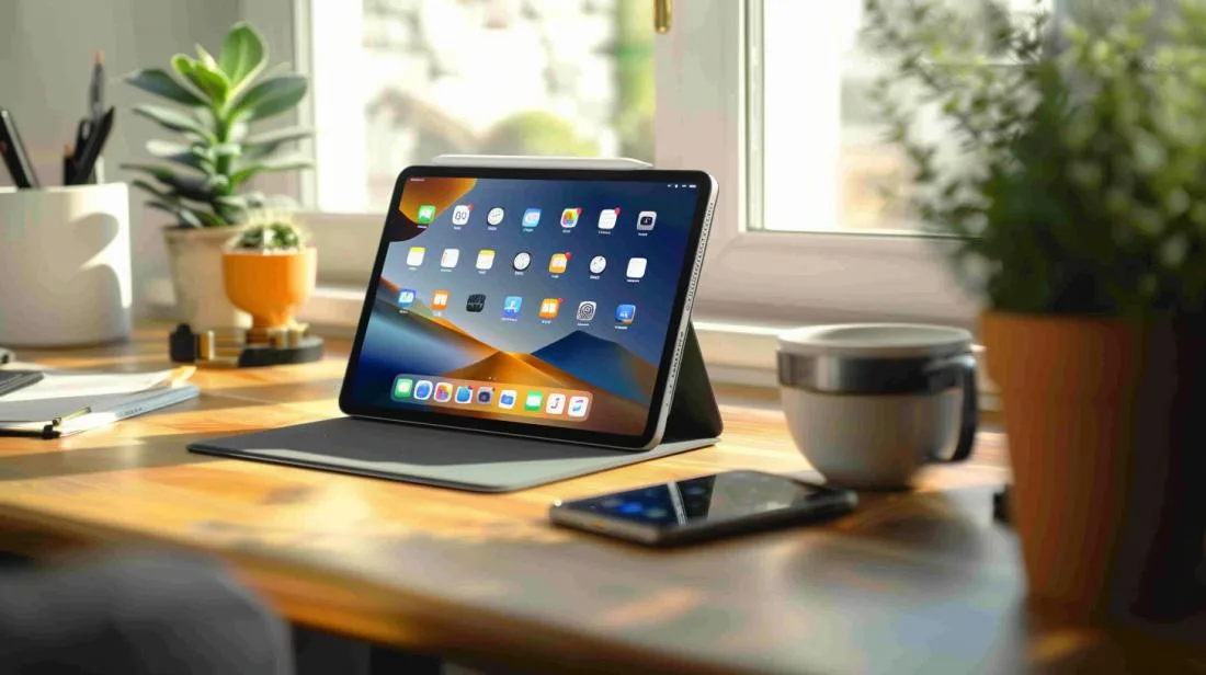 MR7F2TY A iPad: Vale a pena para tarefas diárias? 32 Uma fotografia hiper-realista de um iPad em um escritório moderno com itens diários ao redor.