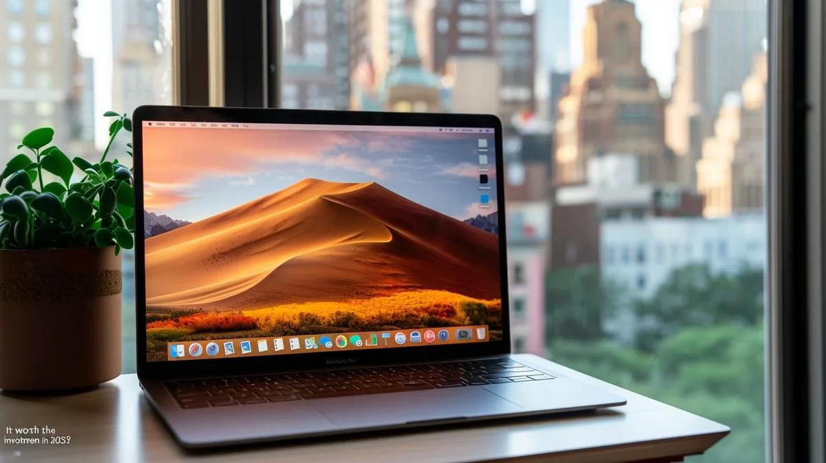 Fotografia hiperralista de um escritório moderno con il MacBook 12 e vista urbana panorâmica.