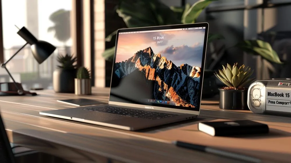 Fotografia de MacBook 15 2017 em mesa minimalista com luz natural e acessórios modernos.
