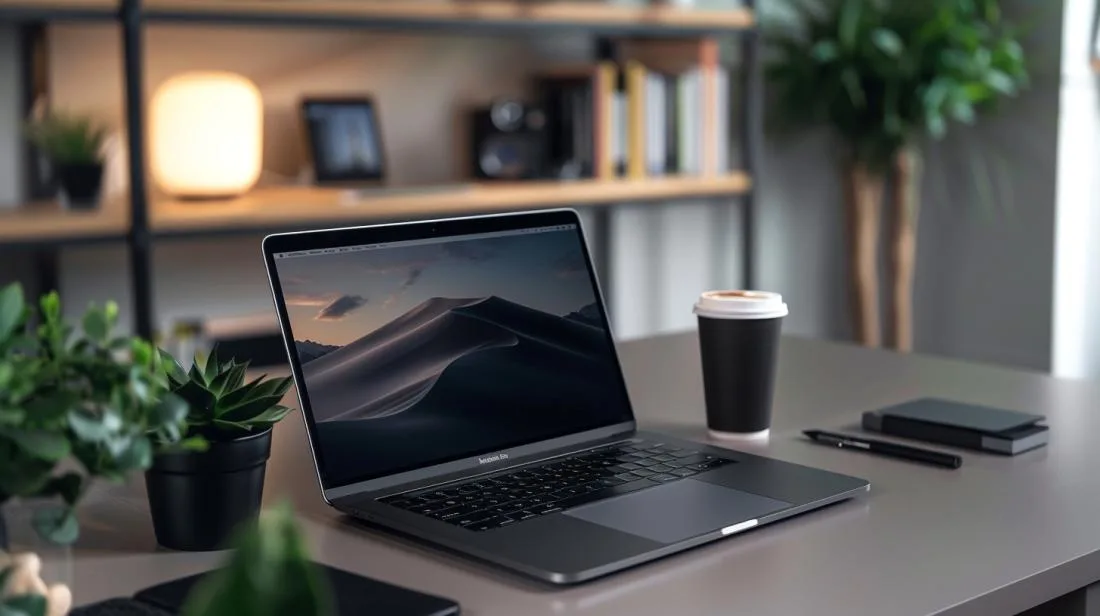 Uma fotografia hiperrrealista do MacBook 2020 em uma elegante mesa moderna.
