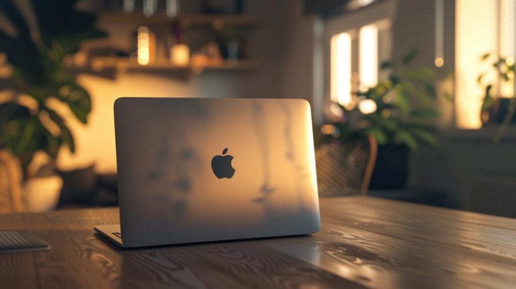 MacBook 800 euro: vale a pena investir? 2 Fotografia hiper-realista de um MacBook de 13 polegadas em uma mesa de escritório minimalista.