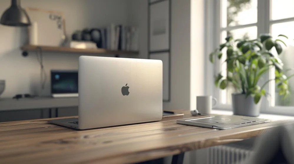 Fotografia de um MacBook A1304 envelhecido em uma mesa moderna, cercado por gadgets contemporâneos.