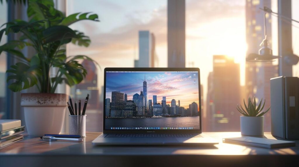 Fotografia realista de um MacBook Air em uma mesa minimalista com luz natural ao fundo.