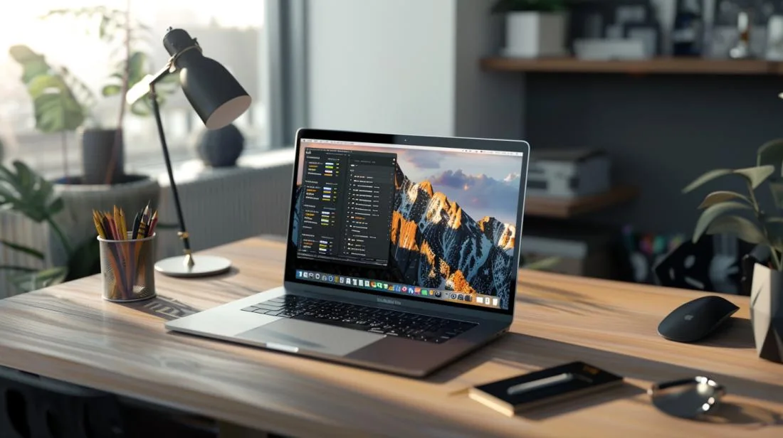 Fotografia hiper-realista do MacBook Air com 16GB de RAM em uma mesa minimalista, executando tarefas avançadas.