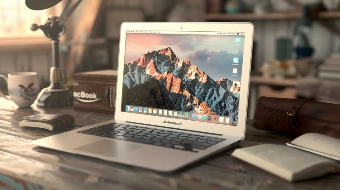Foto hiper-realista de um MacBook Air 2015 em uma mesa de madeira rústica iluminada.