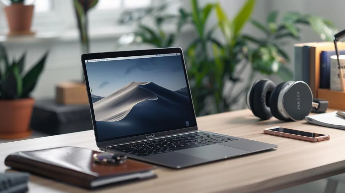 Fotografia hiper-realista de um MacBook Air 2017 em uma mesa de escritório minimalista.