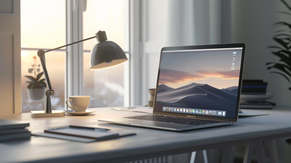 Fotografia hiper-realista do MacBook Air 2018 em uma mesa minimalista com acessórios modernos.