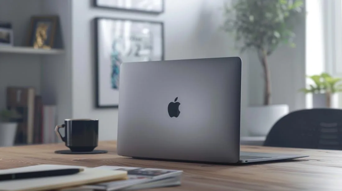 Fotografia hiper-realista de um MacBook Air 2018 em mesa de madeira polida, escritório moderno.