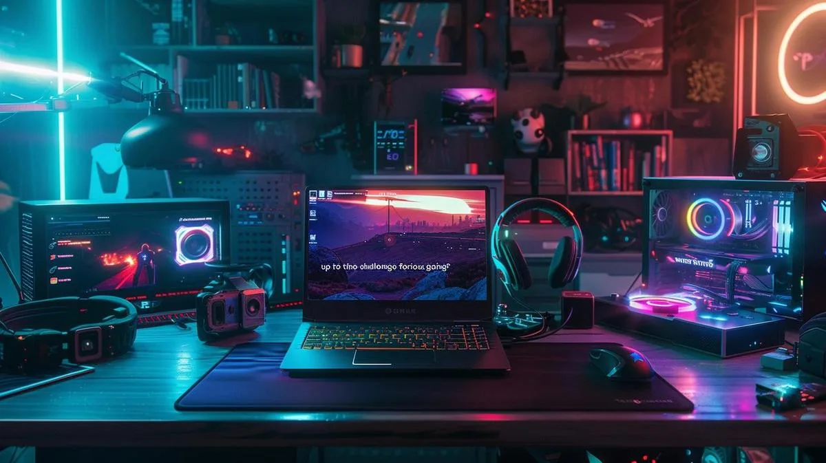 Fotografia hiper-realista de MacBook Air 2018 em setup de jogos moderno, iluminado por luzes neon.