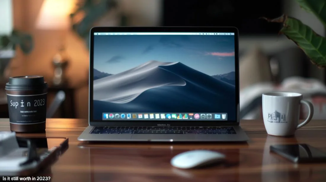 Fotografia hiper-realista de um MacBook Air 2018 em uma mesa moderna com acessórios tecnológicos.