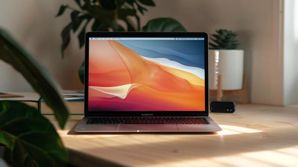 Fotografia hiper-realista de um MacBook Air 2019 em um espaço de trabalho minimalista.
