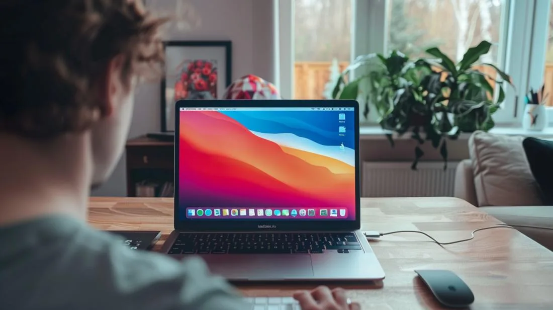 Pessoa concentrada usando MacBook Air em escritório moderno iluminado por luz natural.